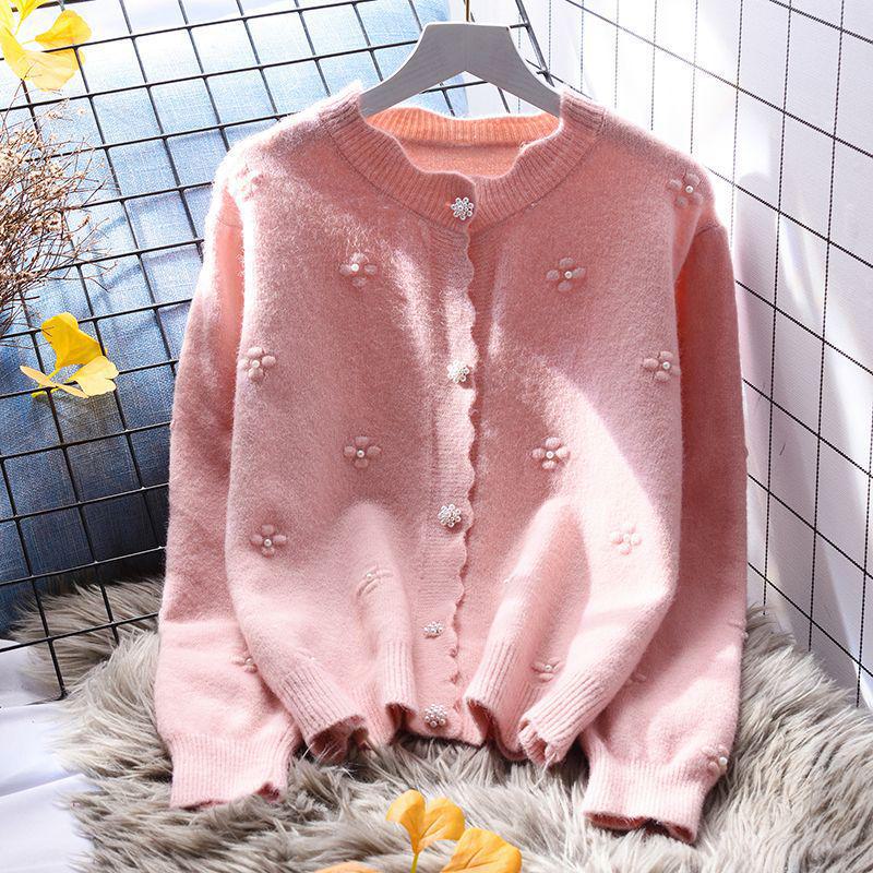3D Beaded Floral Women's Sweater Jacket - Spring 2024 Japanese College Style, Stylish, Age-Reducing Knitted Cardigan