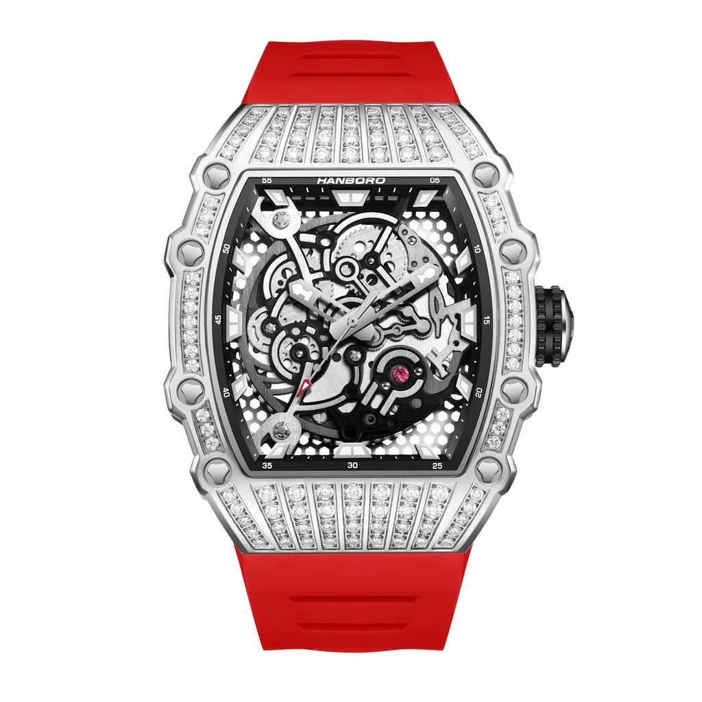 HANBORO Mechanic Series Luxury Men's Watches Square Silicone Glass Complex Diamond Craft Pointer Imported Movement Fashion Trend