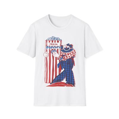 T-Shirt mit Logo einer Popcorn-Schachtel aus den 1960er Jahren und einem Clown als Maskottchen