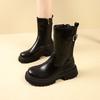 Comemore Womens Mid-calf Boots Leather Chelsea Female Solid Color New Autumn Shoes Side Zip Thick Heeled Bota Feminina