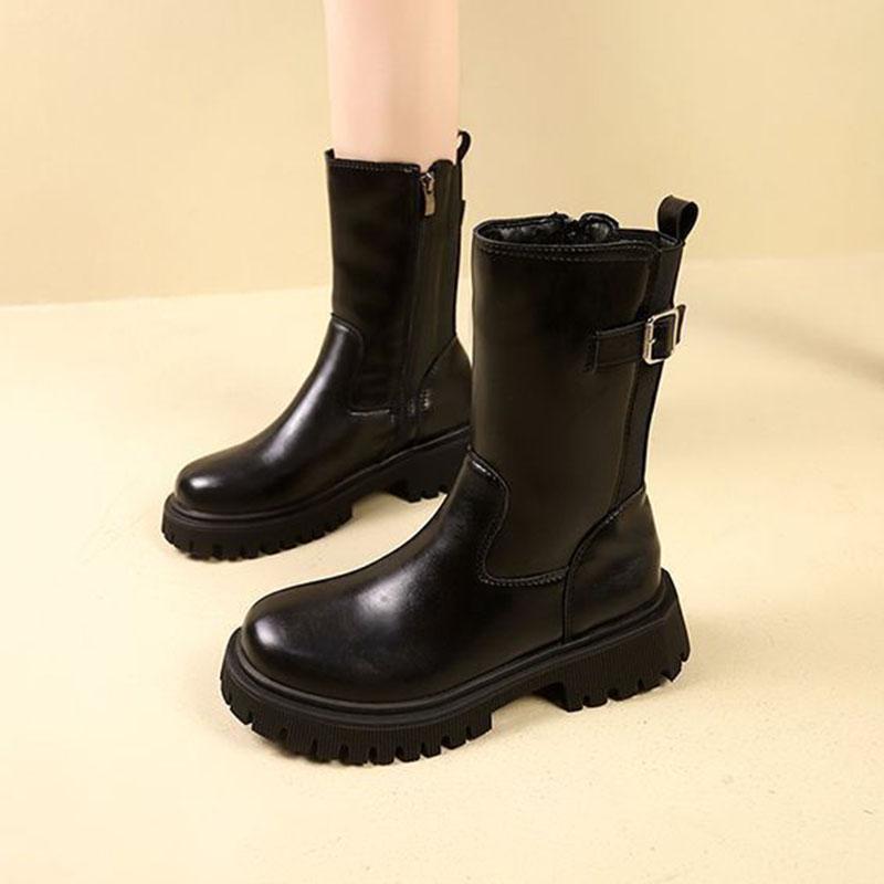 Comemore Womens Mid-calf Boots Leather Chelsea Female Solid Color New Autumn Shoes Side Zip Thick Heeled Bota Feminina