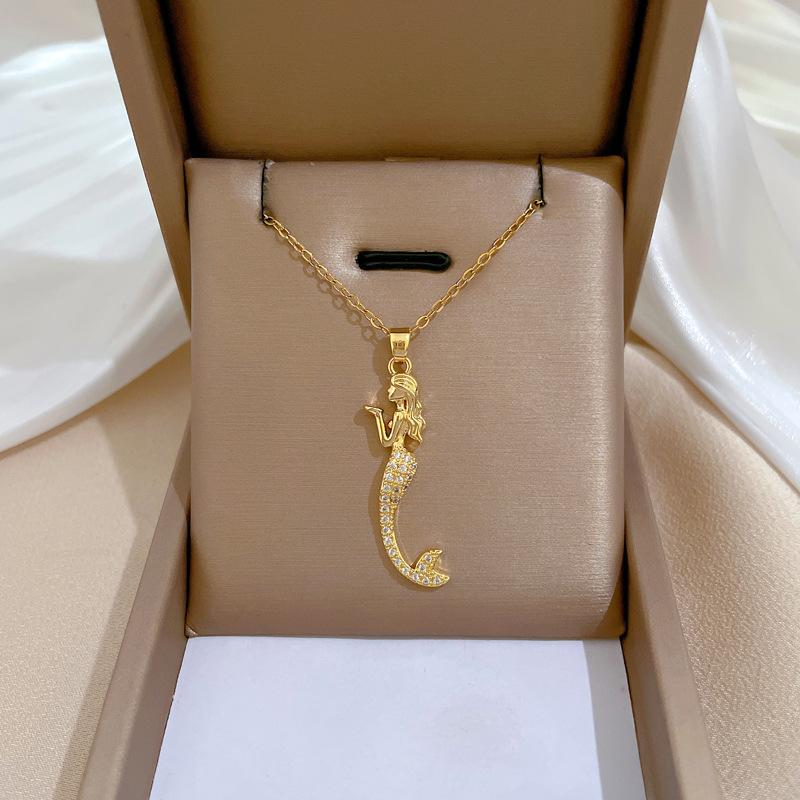 Titanium Steel Mermaid Full Diamond Light Luxury Temperament Gorgeous Full Diamond Necklace Female Versatile Collarbone Chain Titanium Steel Chain