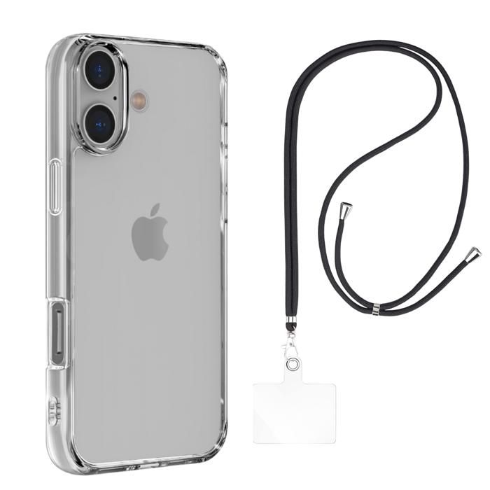 Case and Neck Strap for iPhone 16 - Transparent Soft TPU Adjustable Black Cord Phonillico®