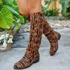 Fashion Leopard Suede High Boots Women's Fashion Round Toe Metal Buckle Sleeve Soft Sole Anti-Slip Wear-Resistant Block Heel Boots