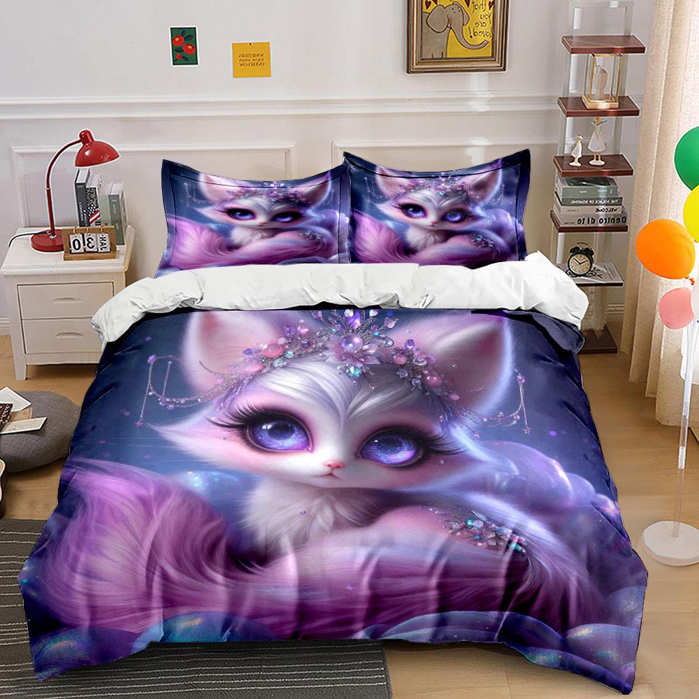 Cute Pink Plush Fox Duvet Cover Set With 3D Printing Design Soft Polyester Bedding Set All-Season Comfort Machine Washable