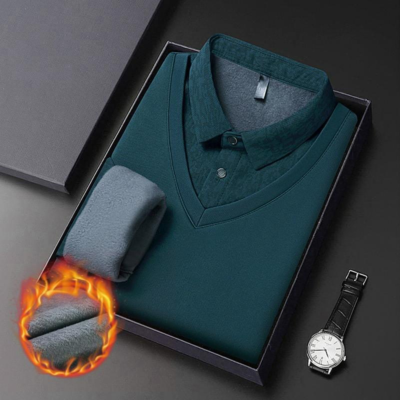 Plus Velvet Men's Long-sleeved T-shirt Winter Vacation Two-piece Middle-aged Lapel Thickened Warm T-shirt Men's Bottoming Shirt