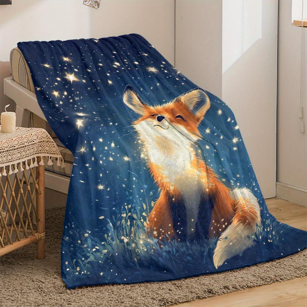 Fox Under the Stars Lightweight Flannel Throw Blanket - Polyester Fleece Blanket for Sofa, Bed, Travel, Camping, Living Room