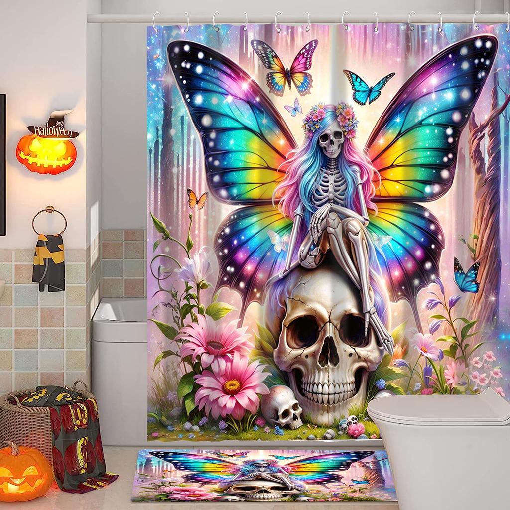 Hallowmas Totenkopf Blume Schmetterling Duschvorhang Badezimmer Duschvorhang Wasserdicht Mit 12 Haken Fische Heim Deko Kostenloser Versand