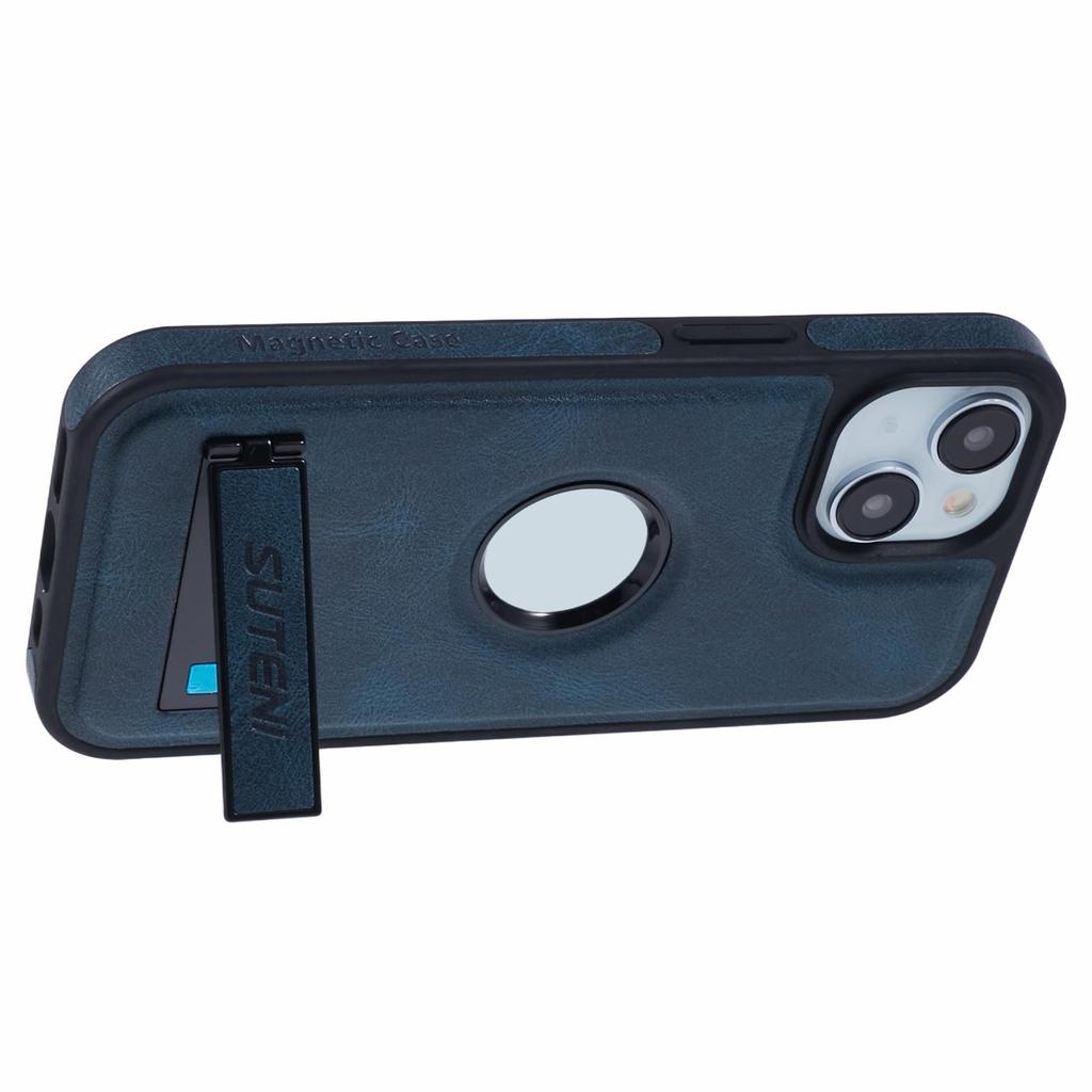 For iPhone 15 Magnetic Case Leather Phone Back Cover Waxy Texture Kickstand