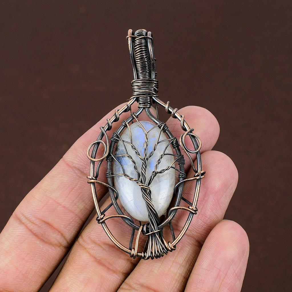 Rainbow Moonstone Gemstone Copper Wire Wrap Tree Of Life Pendant 2.95"