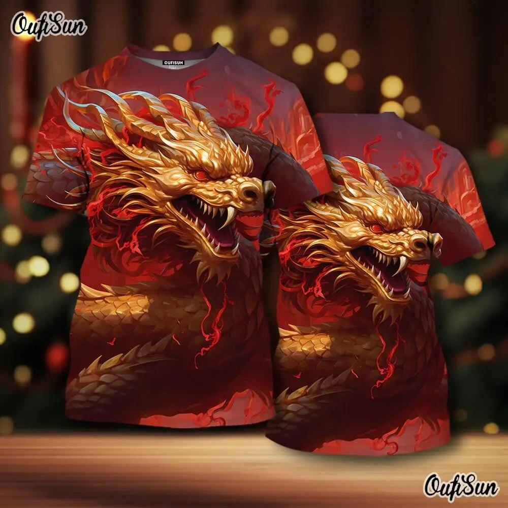 

2024 Новогодняя мужская футболка с 3D принтом дракона и животным узором, мужская футболка, китайский год Дракона, красные топы с короткими рукавами S