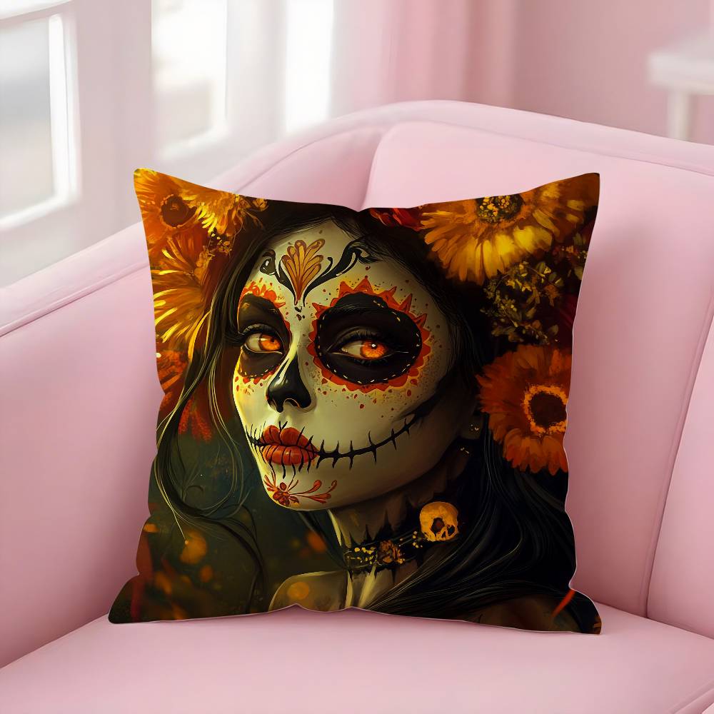 Poszewka na poduszkę Dziewczyna Cukrowa Czaszka Halloween Krótki plusz Dwustronny nadruk Kwadratowe poszewki na poduszki dekoracyjne Sofa Domowa Dekoracja poduszką