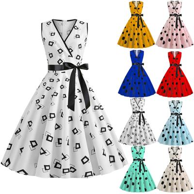 Women‘s V-neck Sleeveless Polka Dot Printed Black Ribbon Waist Retro Swing Dress
