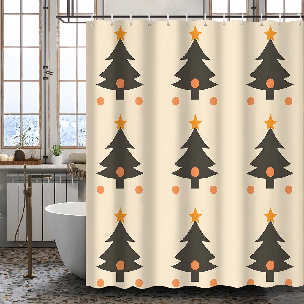 Christmas Tree Curtain - Water-Resistant, 12 Hooks, Machine Washable, Cartoon Theme, All-Season Bath Decor