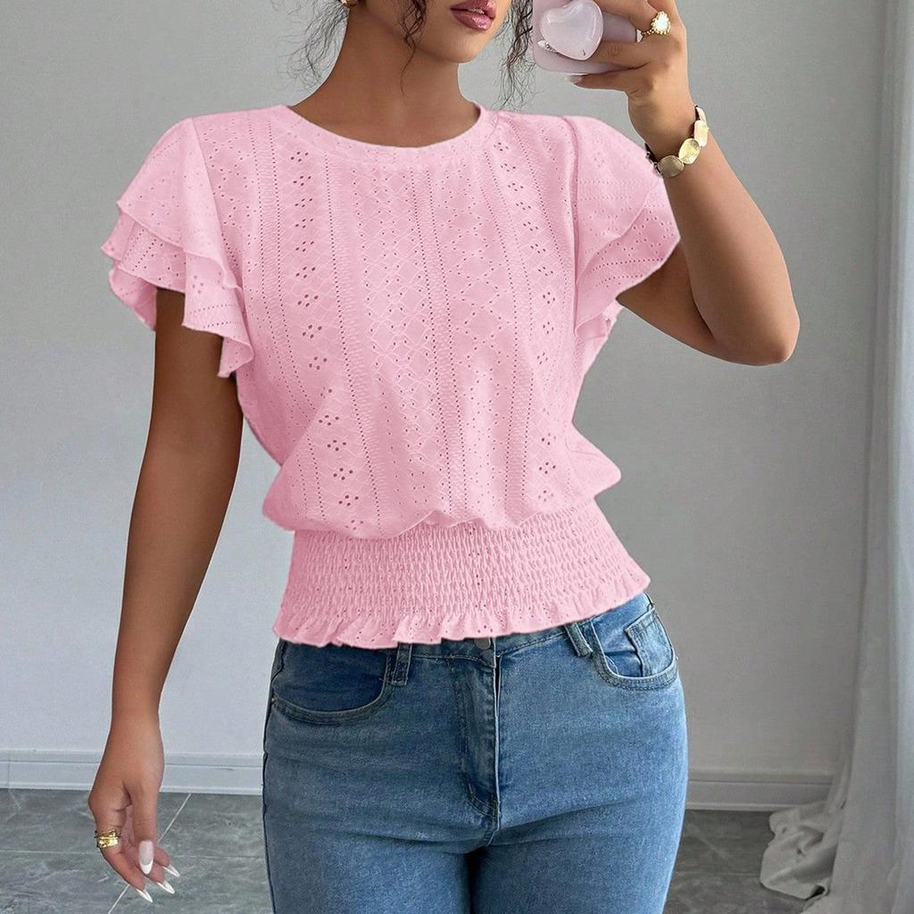 Women's Casual Hollow-out Sleeve Round Neck Short-sleeved T-shirt Top