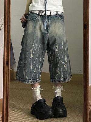 Harajuku Couple Vintage Loose Blue Denim Shorts Women Streetwear Gothic Rock Punk Oversized Casual Wide Leg Cropped Pants