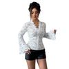 New Spring Summer V-Neck Long Sleeve Sweet Sheer Lace Blouse Elegant White Slim Fit Womens Shirt Casual Party Mesh Top for Women Clothing