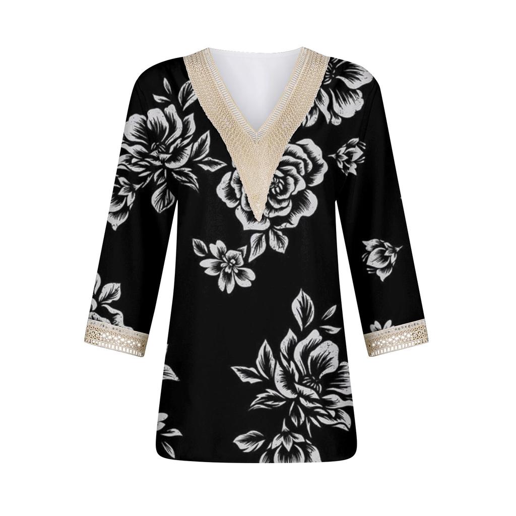 Damenbluse, lässig, locker, 3/4-Ärmel, Spitzenbesatz, Aufdruck, V-Ausschnitt, Aufdruck, Oberteile, T-Shirts