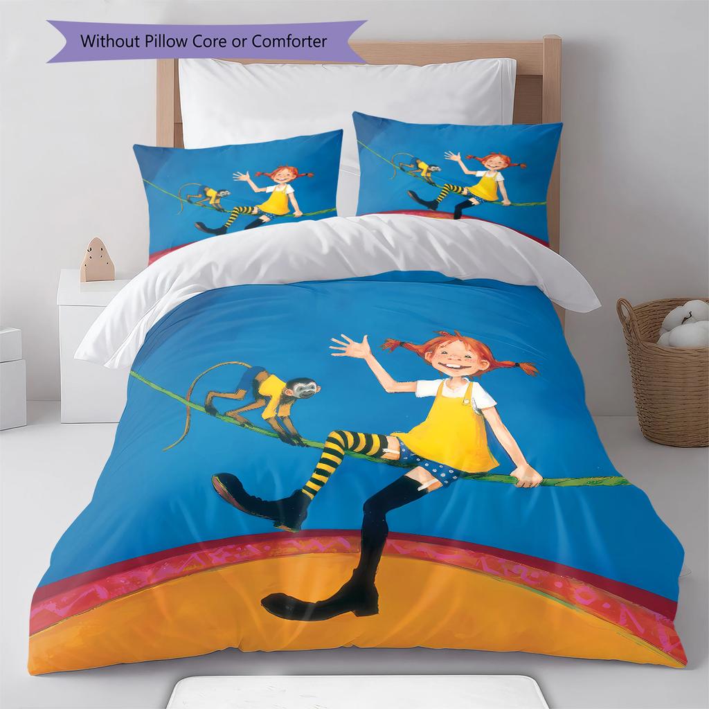 Pippi Longstocking Pattern Bedding,Quilt Set Quilt Cover Pillowcase Home Birthday Gift (1 * Duvet Cover + 2 * Pillowcase, Without Core)