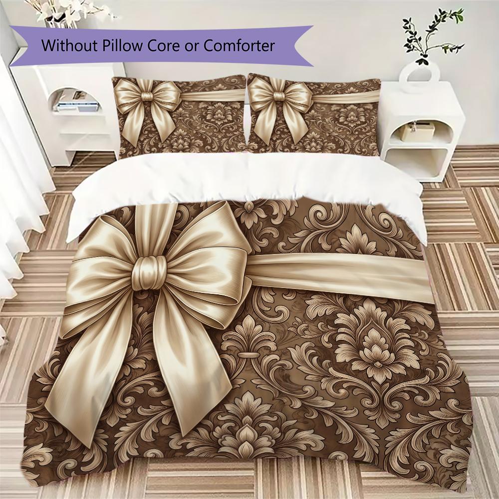 Gorgeous Ribbon Bow Pattern Bedding uilt Set uilt Cover Pillowcase Home Decoration Birthday Gift (1 * duvet cover + 2 * pillowcase without core)