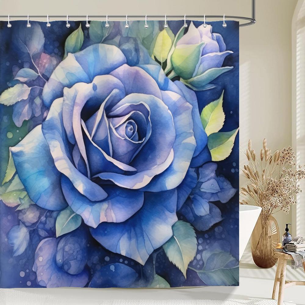 Home Shower Curtains For Bathroom Waterproof Fabric Watercolor Blue Rose Flower Bathroom Curtains With Hooks Decorative Curtain