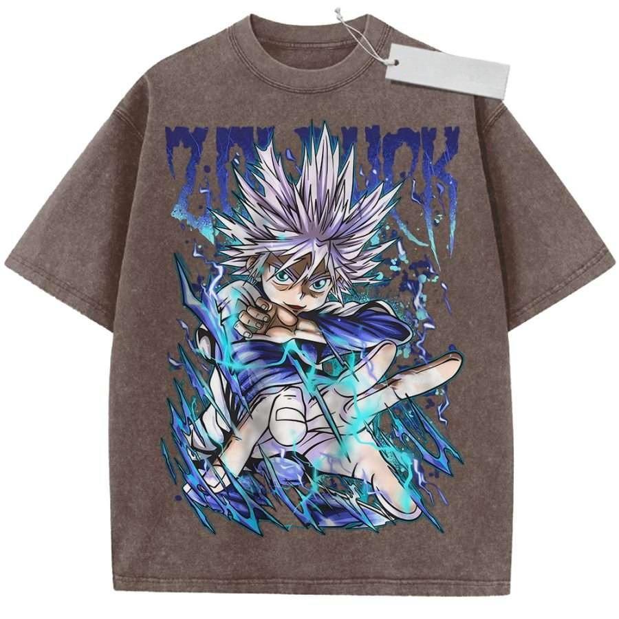 

Unisex Washed Beige Vintage Tshirt Hunter X Hunter Killua Zoldyck Nen Highquality Fabric for Home Leisure Travel Shopping M