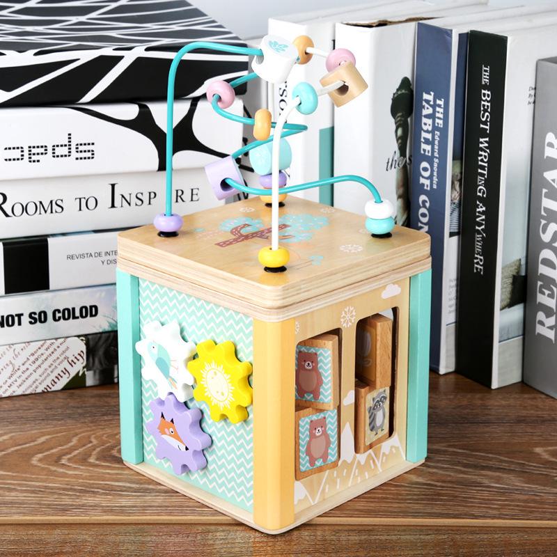 Wooden Ocean & Forest Educational Activity Cube for Children: Slide, Match, and Bead Maze Puzzle