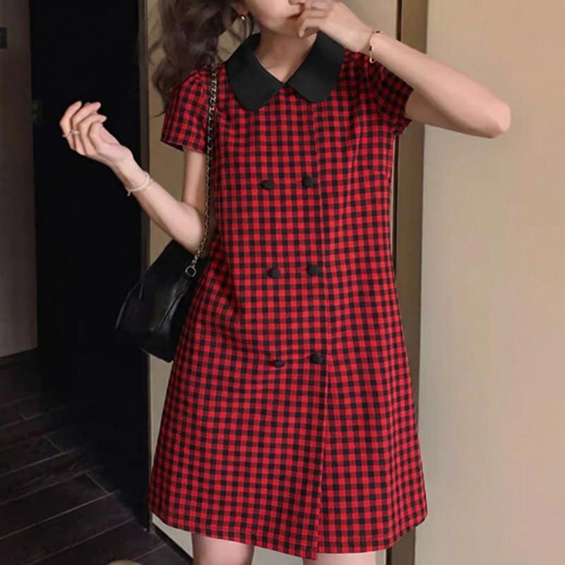 

ZANZEA Women Grid Print Casual Doll Collar Summer Short Sleeve Dress 5XL