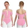 Kids Figure Skating Wear Short Sleeve Leotard Cutout Back Sheer Mesh Patchwork Shiny Rhinestones