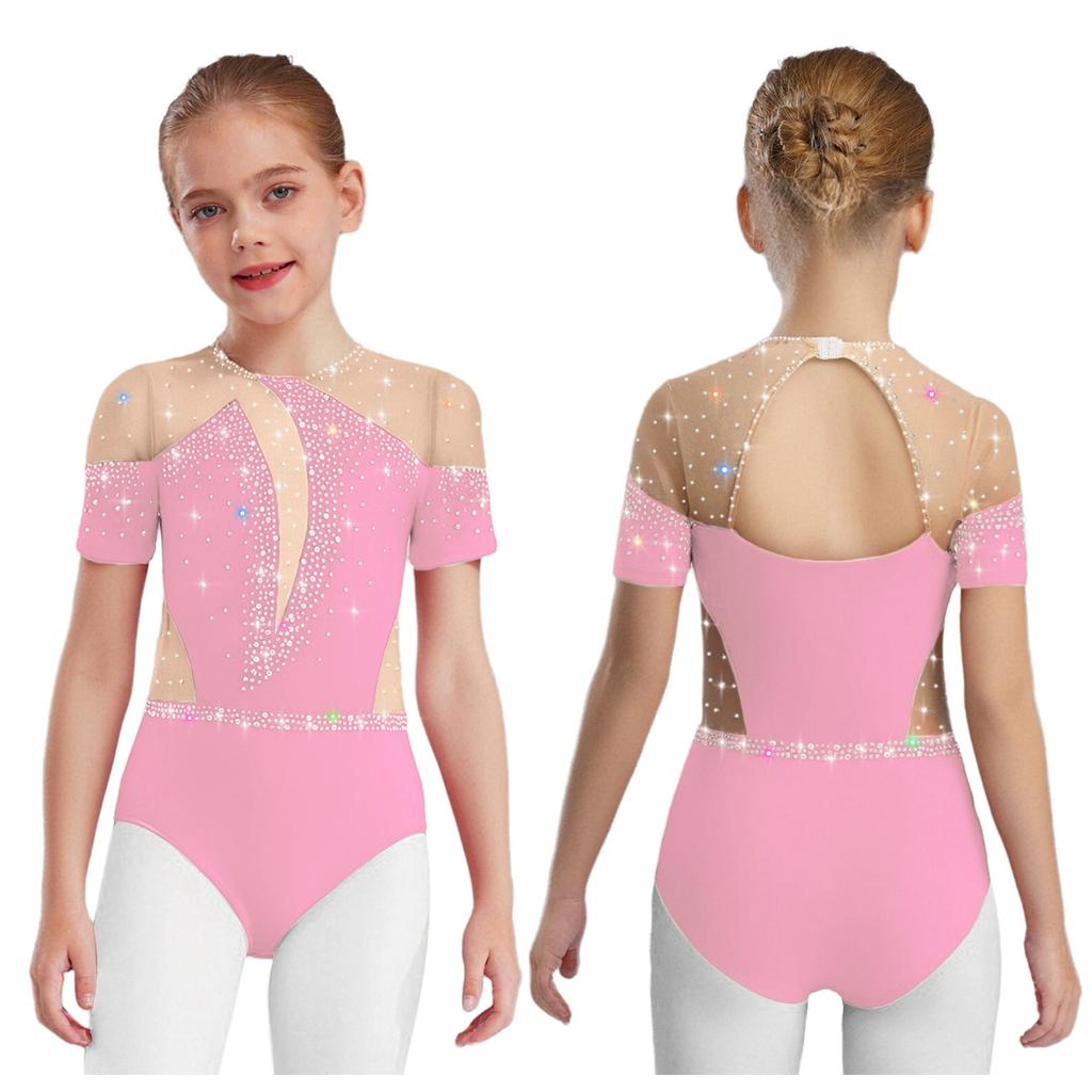 Kids Figure Skating Wear Short Sleeve Leotard Cutout Back Sheer Mesh Patchwork Shiny Rhinestones
