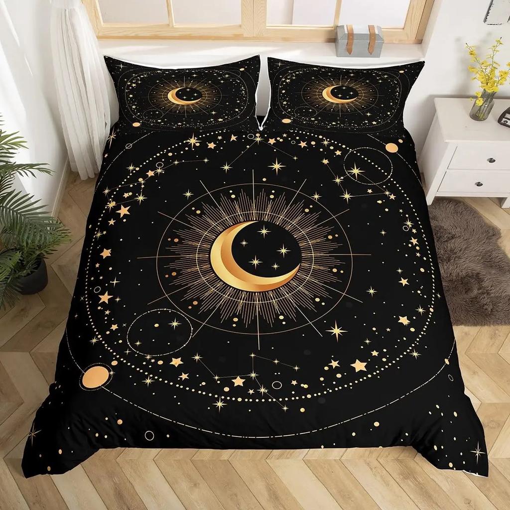 Sparkling Stars Bedding Set Galaxy Duvet Cover Pink Constellation Astrology Zodiac Nebula Comforter