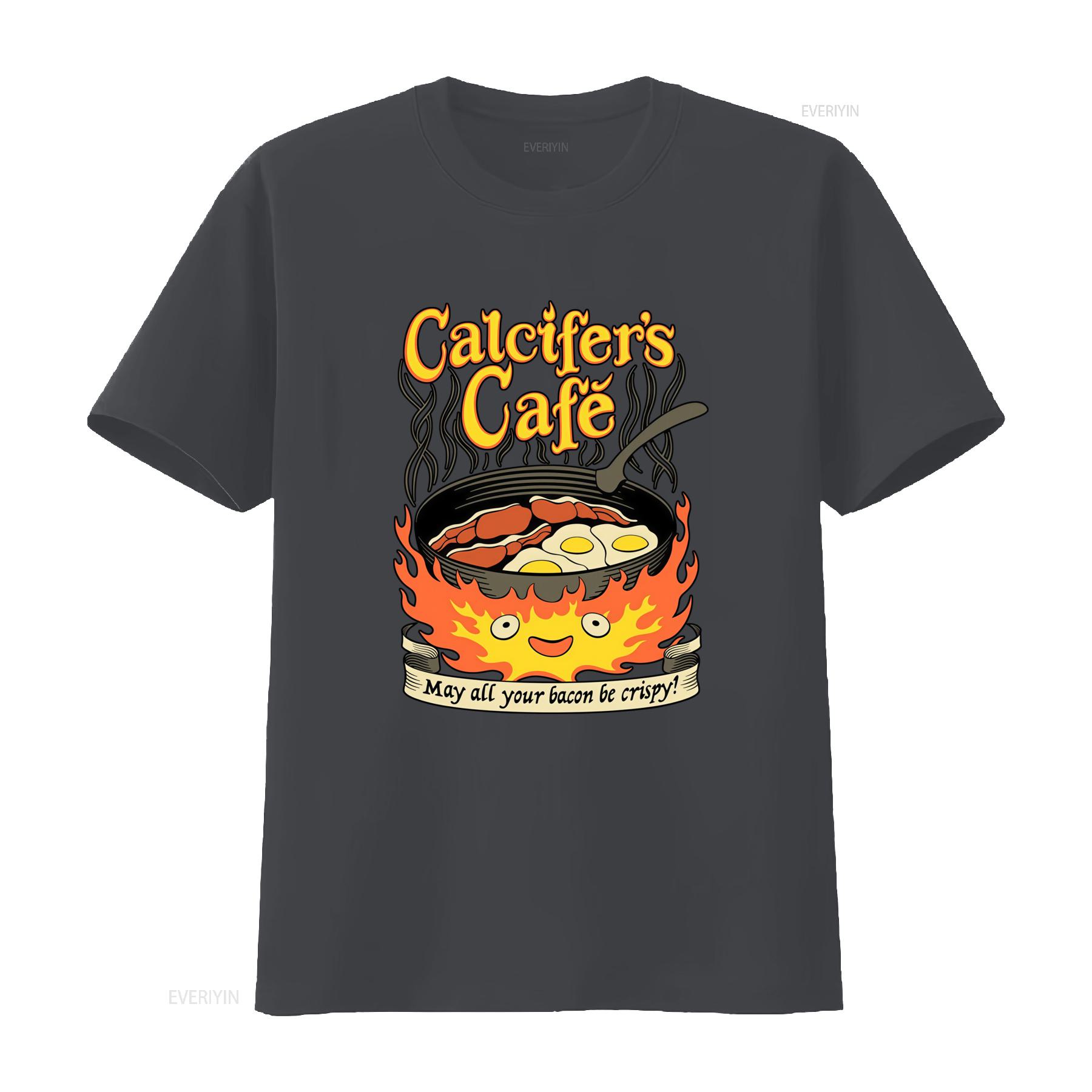 

Calcifers Cafe T Shirt May All Your Bacon Eggs Be Crispy Fun Cooking Design Vintage Washed Casual Breathable Graphic 4XL