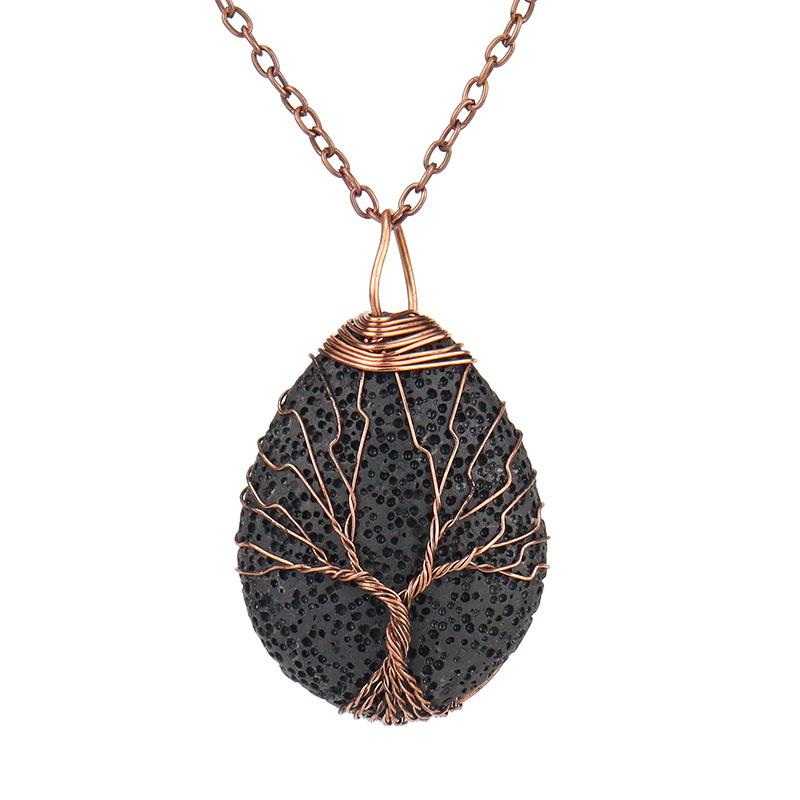Handmade Copper Wire Winding Multi-Colored Volcanic Stone Water Drop Tree Of Life Pendant Necklace N529
