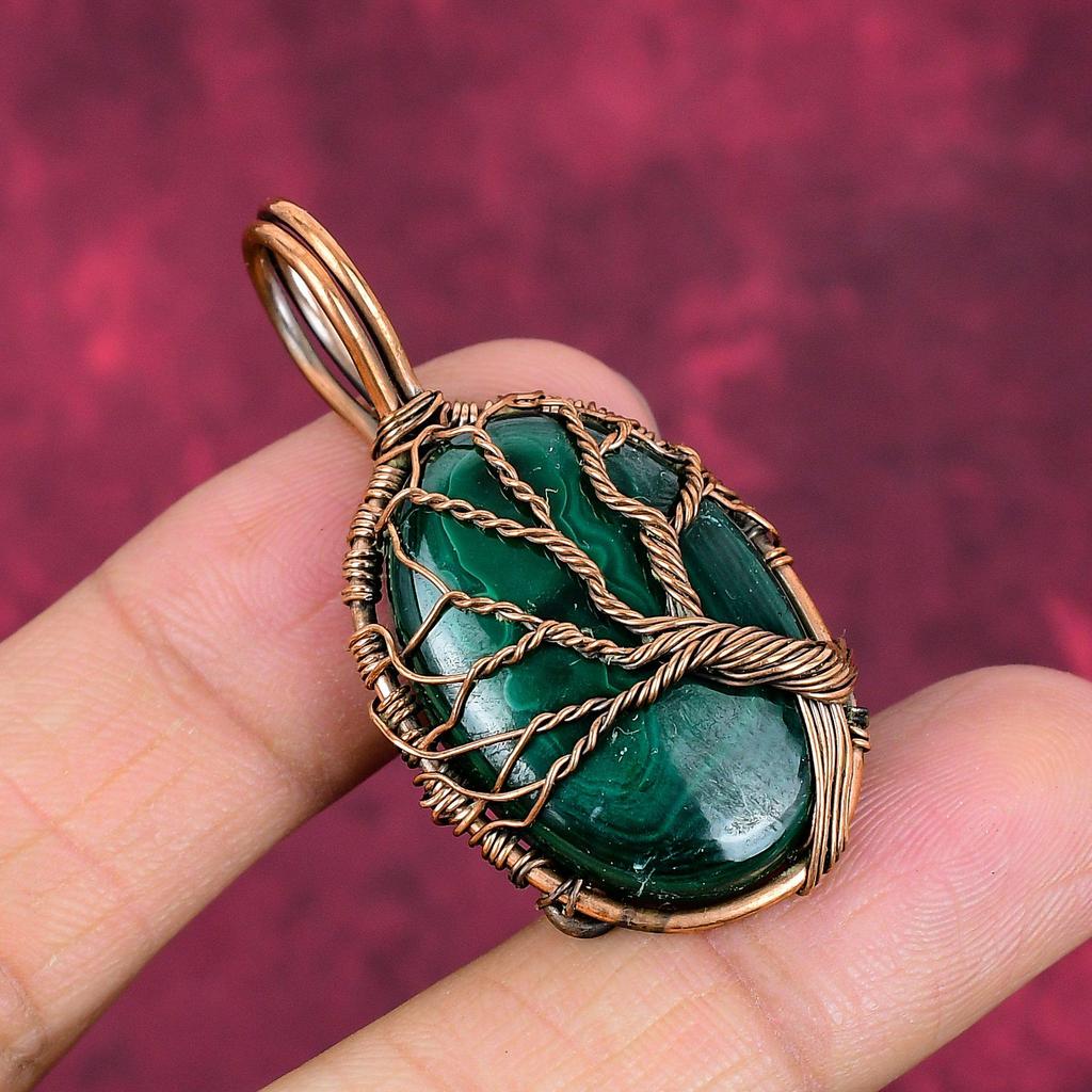 Tree Of Life Malachite Pendant Real Gemstone Jewelry Copper Wire Wrapped Pendant