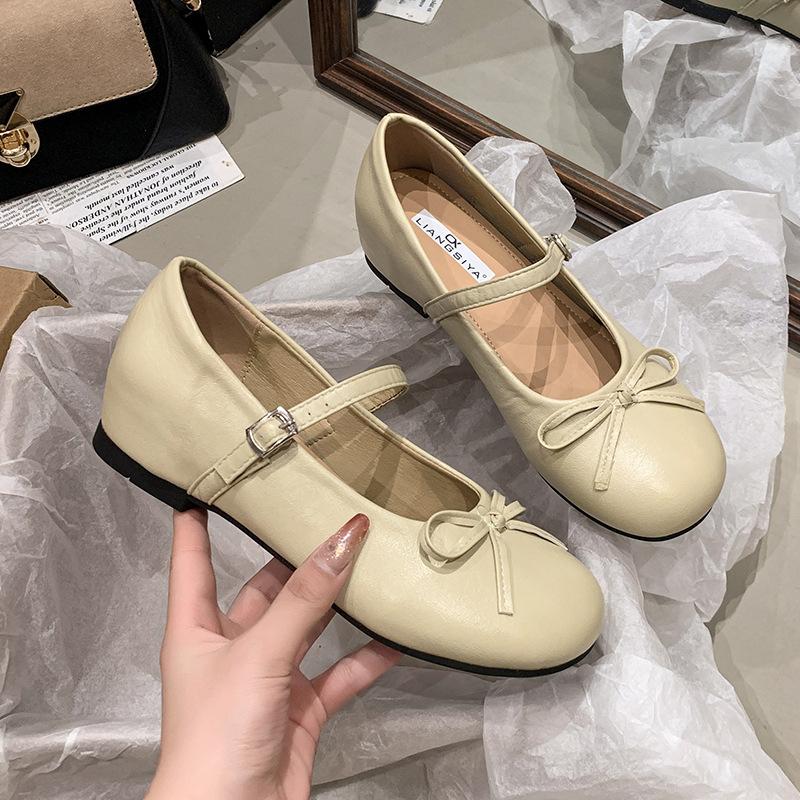2025 summer shallow mouth milk yellow bag inner height increase bow buckle belt single shoes women round head Mary Jane shoes