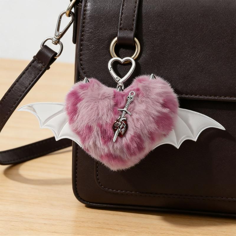 Plush Plush Heart Shaped Keychain In Y2K Style With Rhinestones And Metal Wing Elegant Bag Hanging Ornament
