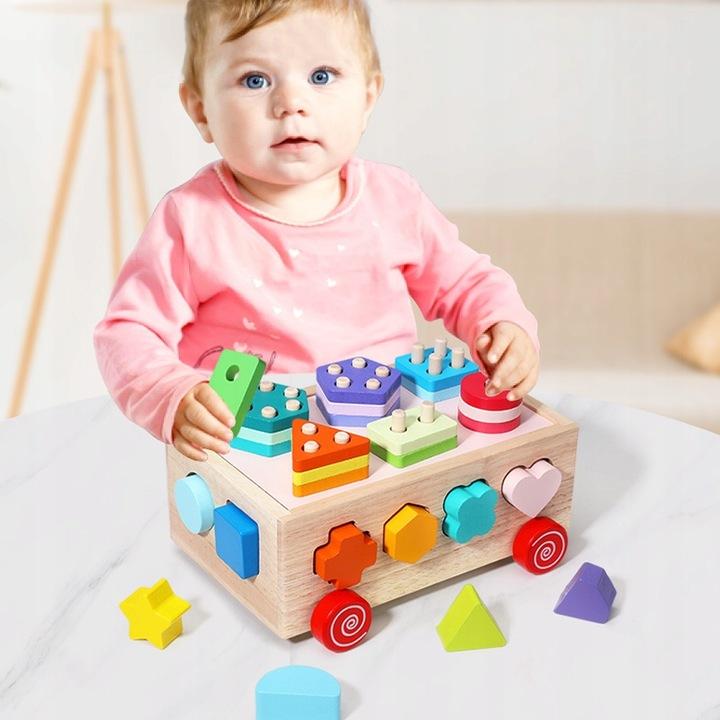 Sorter Kształtów Drewniana Kostka Edukacyjna Na Kółkach Klocki Montessori