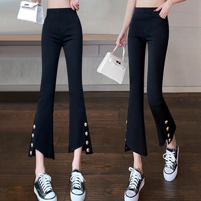 

Autumn Micro Flare Women s Side-Slit Button Nine-Point Slimming Casual Trousers L чёрный