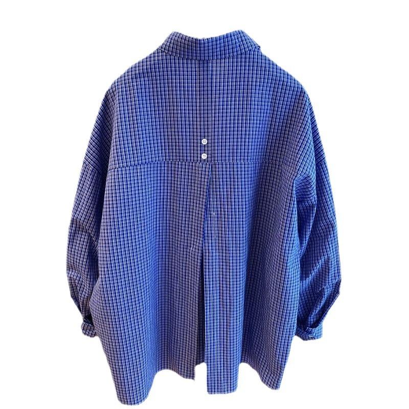 Blue Plaid Long Sleeve Loose Shirts Fashion Korean Split Blouse Women Oversized Spring Casual Vintage