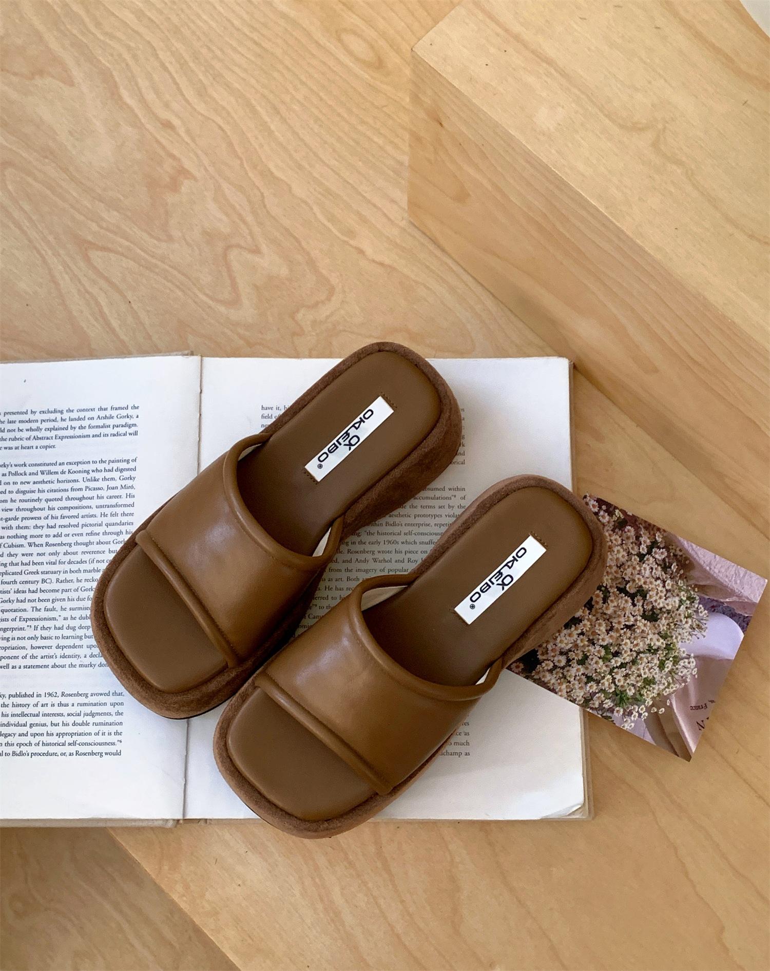 French Fashion Silver Muffin Thick-Soled Cool Slippers Women S Summer Outdoor Wear One-Word Zip Heel High-Heeled Beach Sandals 35 коричневый 5950₽