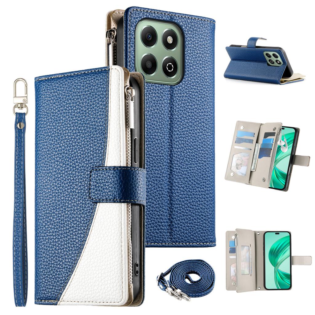 For Honor X6b 4G Case Zipper Wallet Color Splicing Leather Flip Phone Cover with Straps