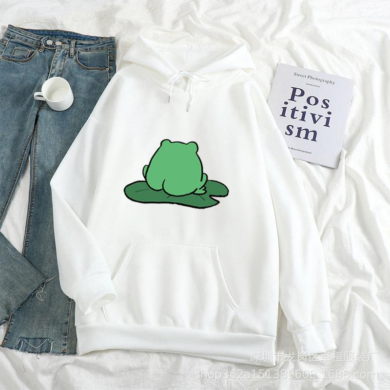 Korean Style Cartoon Frog Hoodie for Students, Men & Women – Autumn/Winter, Round Neck, Hooded, Pocketed.