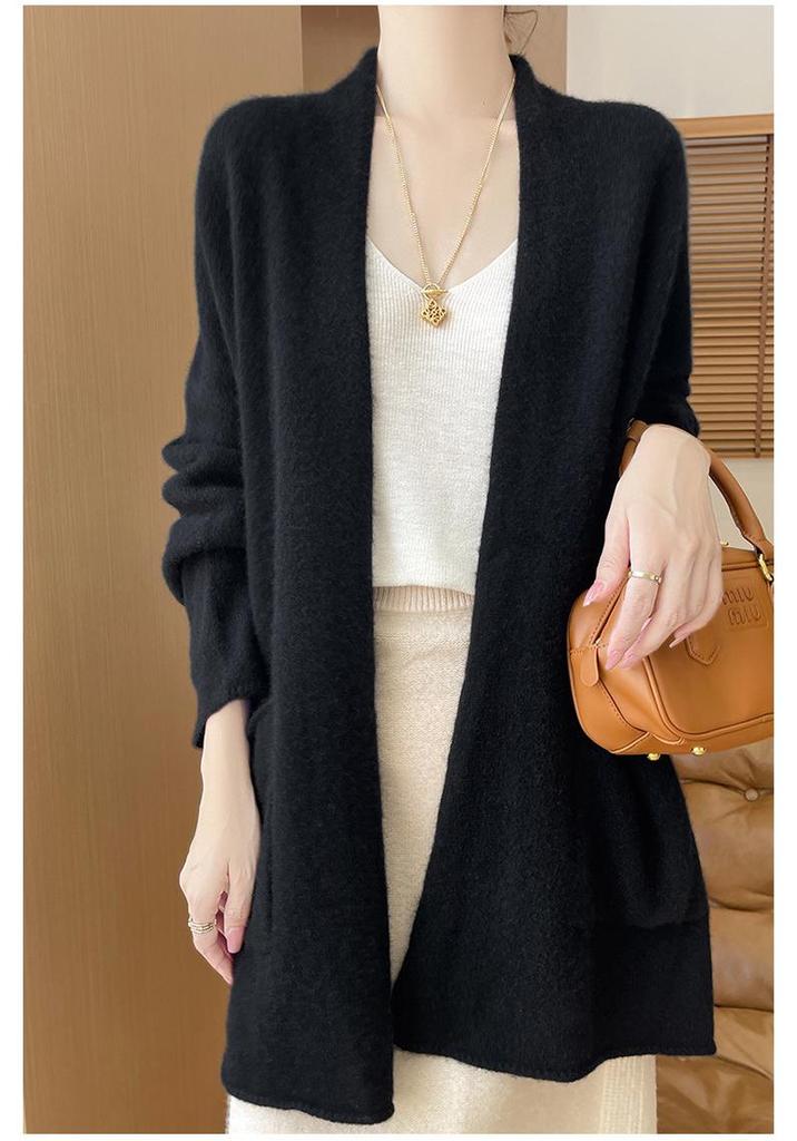 Women's Autumn Mid-Length Wool Knit Cardigan with Pockets - Loose, Lazy Style Shawl