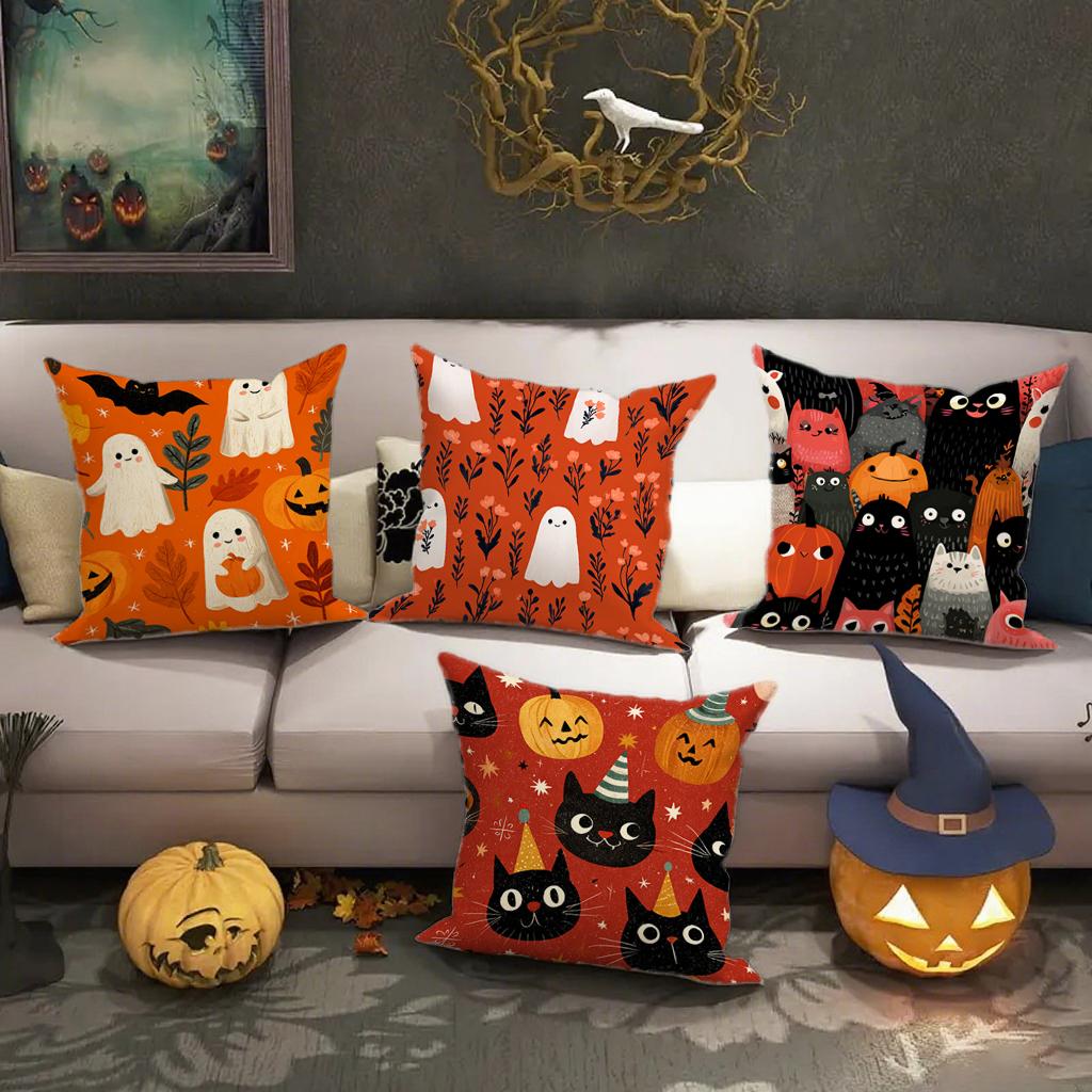 Halloween-Themed Cat & Ghost Pillowcasessuitable For Sofa Car Bedroom Decorative Cushion Cover Pillow Cover
