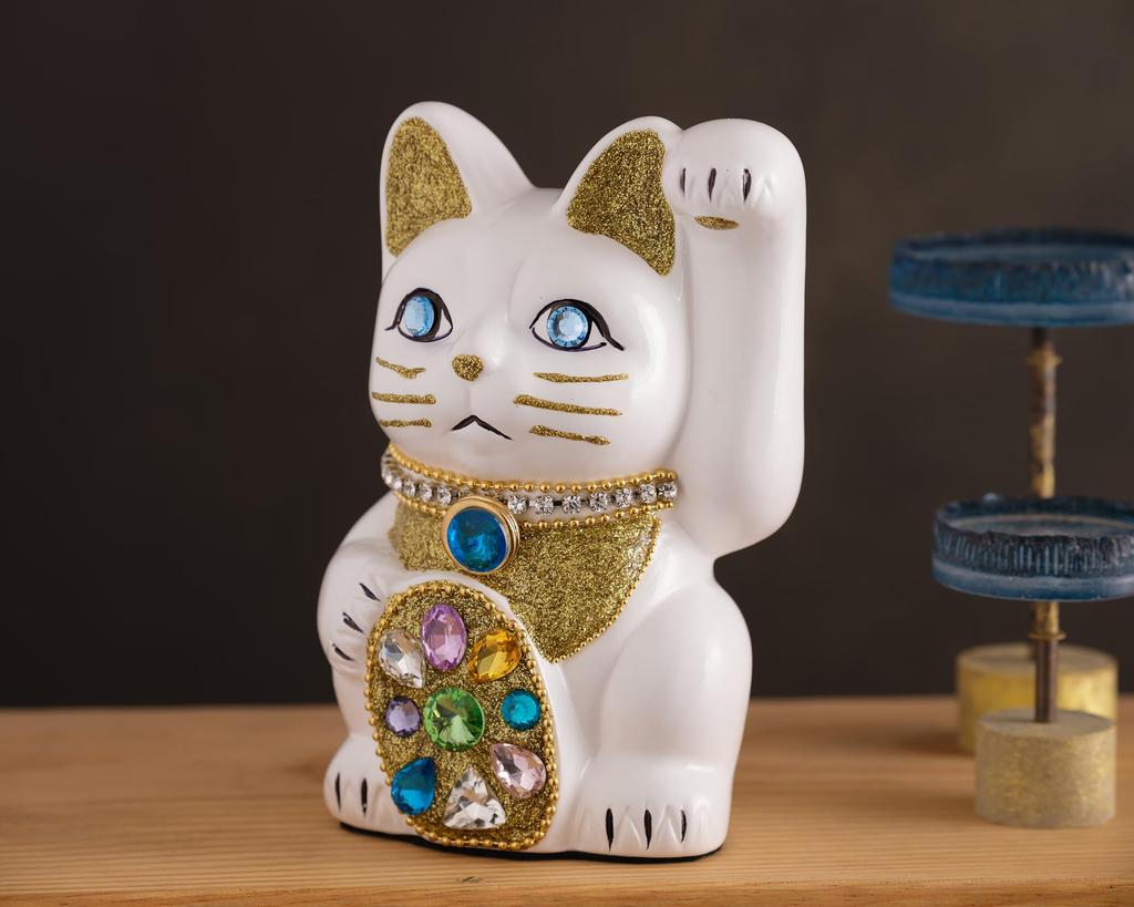 Lucky Cat Jewelry Cat Multicolor Left Paw Raised Ceramic Lucky Cat Auspicious Feng Shui Ornament (M-SIZE White) / _ Maneki-neko (jwc_M White)