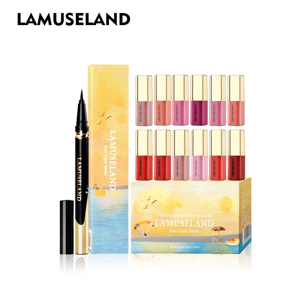 

Набор для макияжа LAMUSELAND, 12 шт./компл. блеск для губ и водостойкая черная подводка для глаз #LAS402