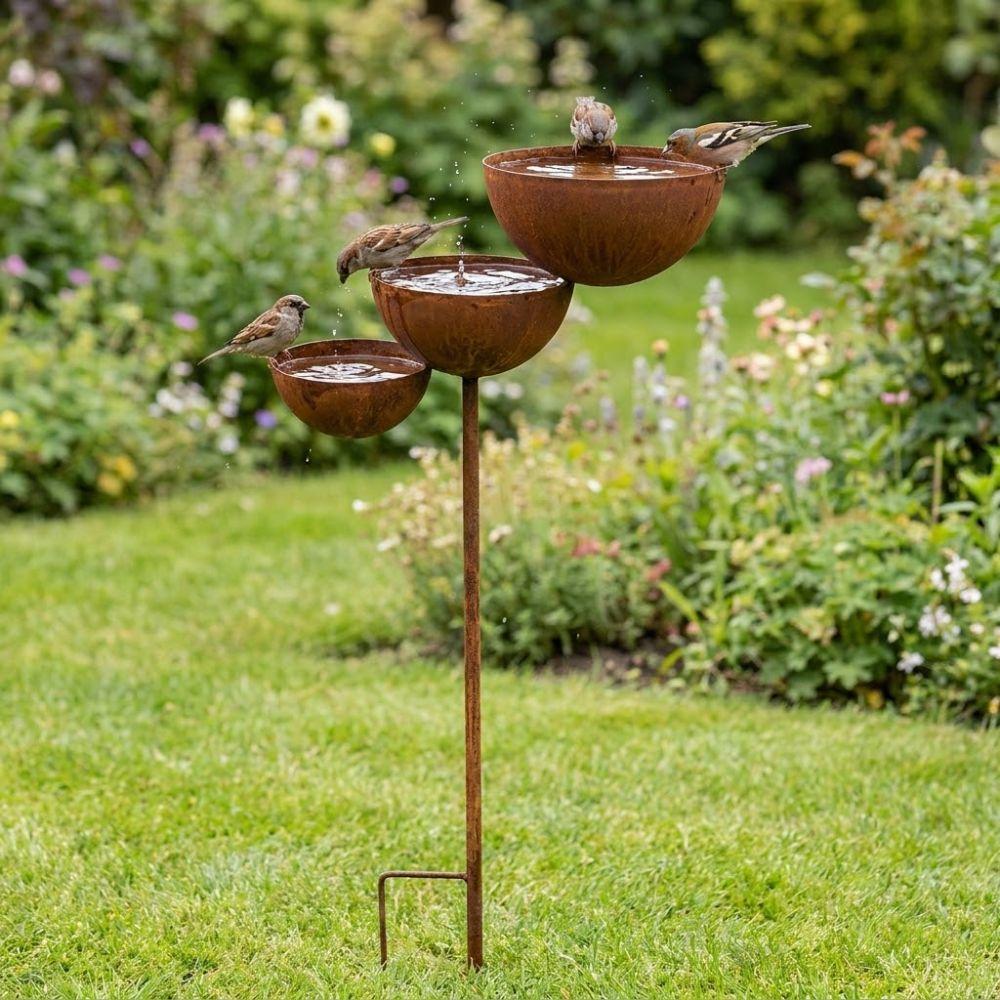Vintage Iron 3-Tier Metal Bird Bath Ground Stakes Three-layer Bowl Garden Rain Catcher Rusted Handmade Bird Water Dispenser
