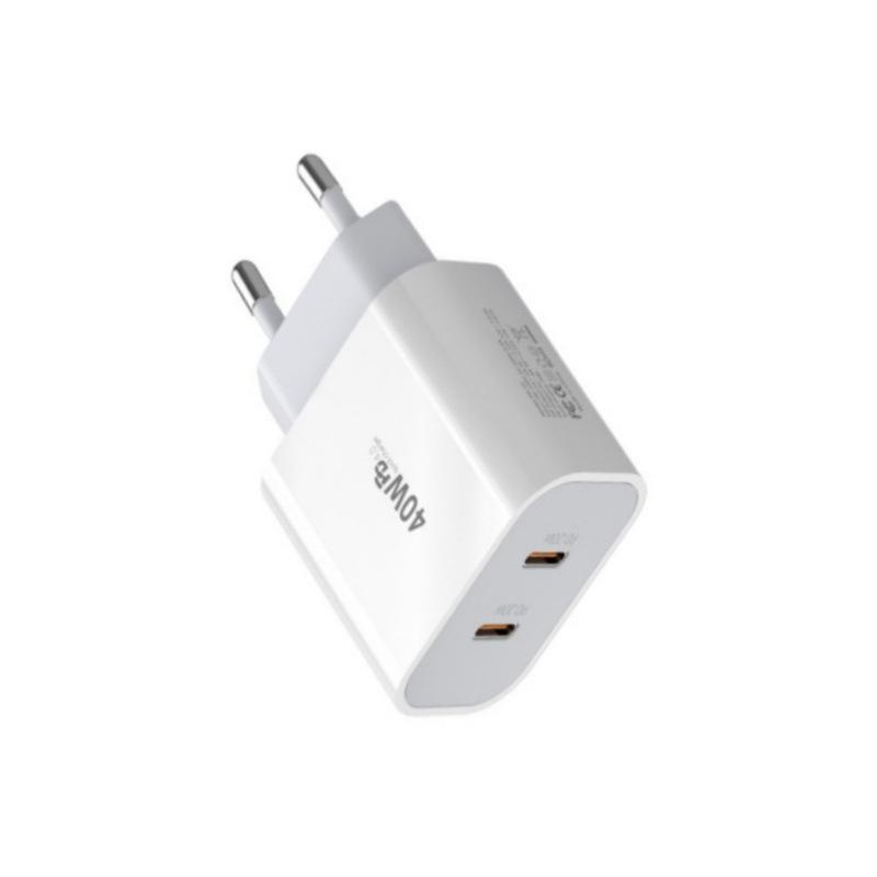

40W Dual-Port Fast Charger, European Standard, Type-C, Dual PD for Phones Dual Type-C Charger білий