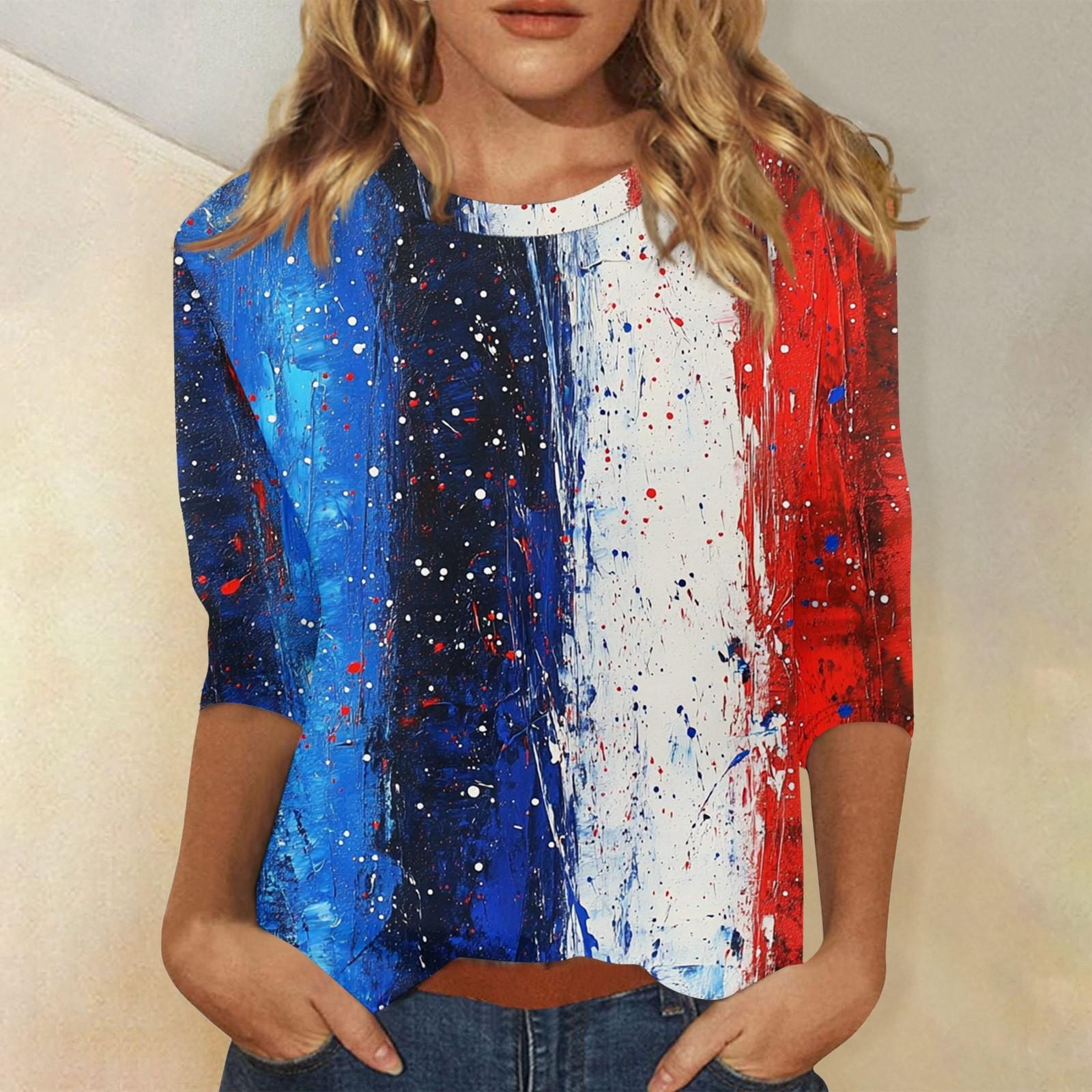 

Женская мода, повседневная свободная футболка с принтом на День независимости и круглым вырезом, рукав 3/4, женский топ XXL