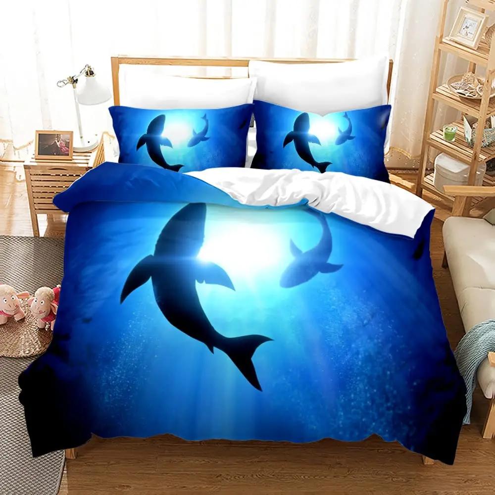 Shark Duvet Cover Ocean Watercolor Fish Quilt Cover Sea Animal Marineland Theme Decoration Bedding For Children Boys Girls Gifts